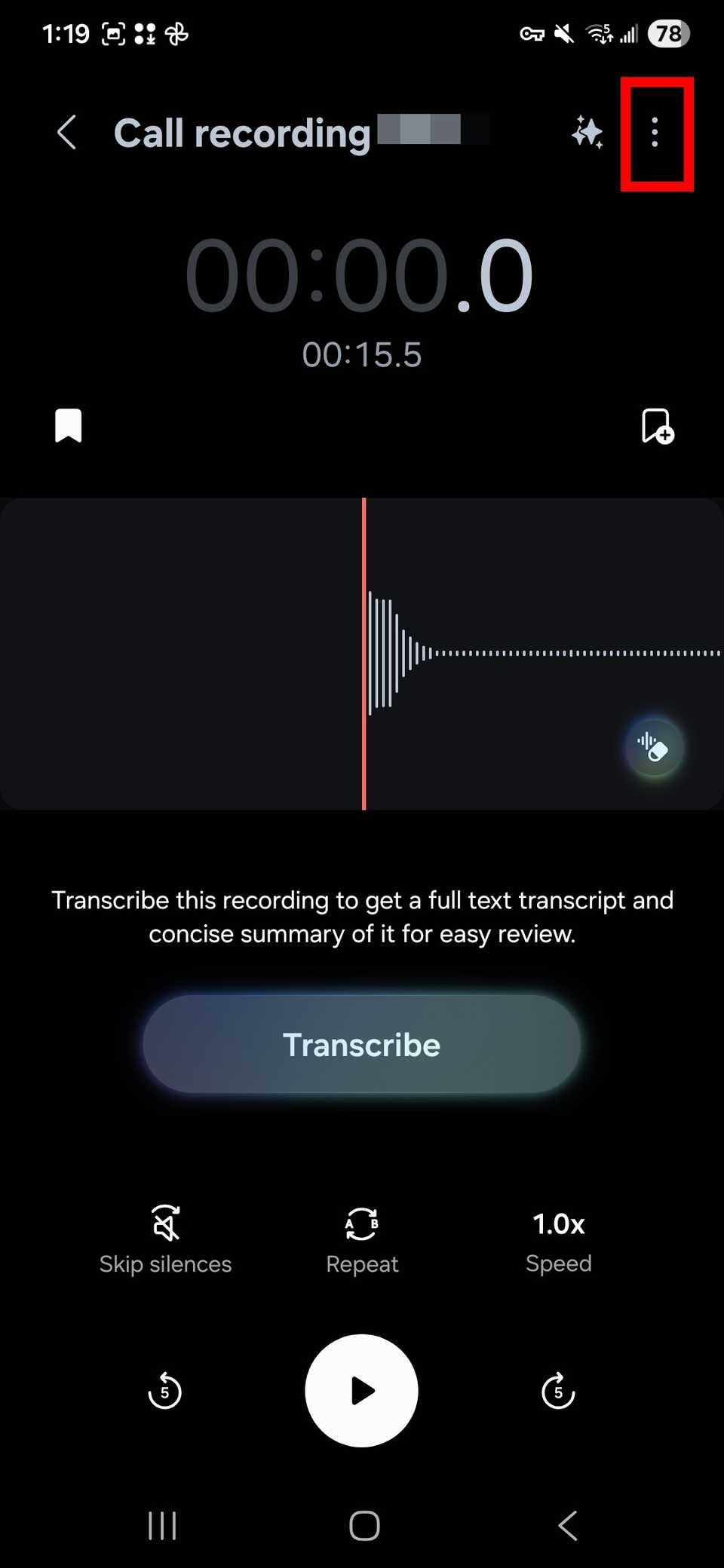 Red rectangle outline highlighting the three-dot icon in the top right corner of an opened recorded call in the Voice Recorder app