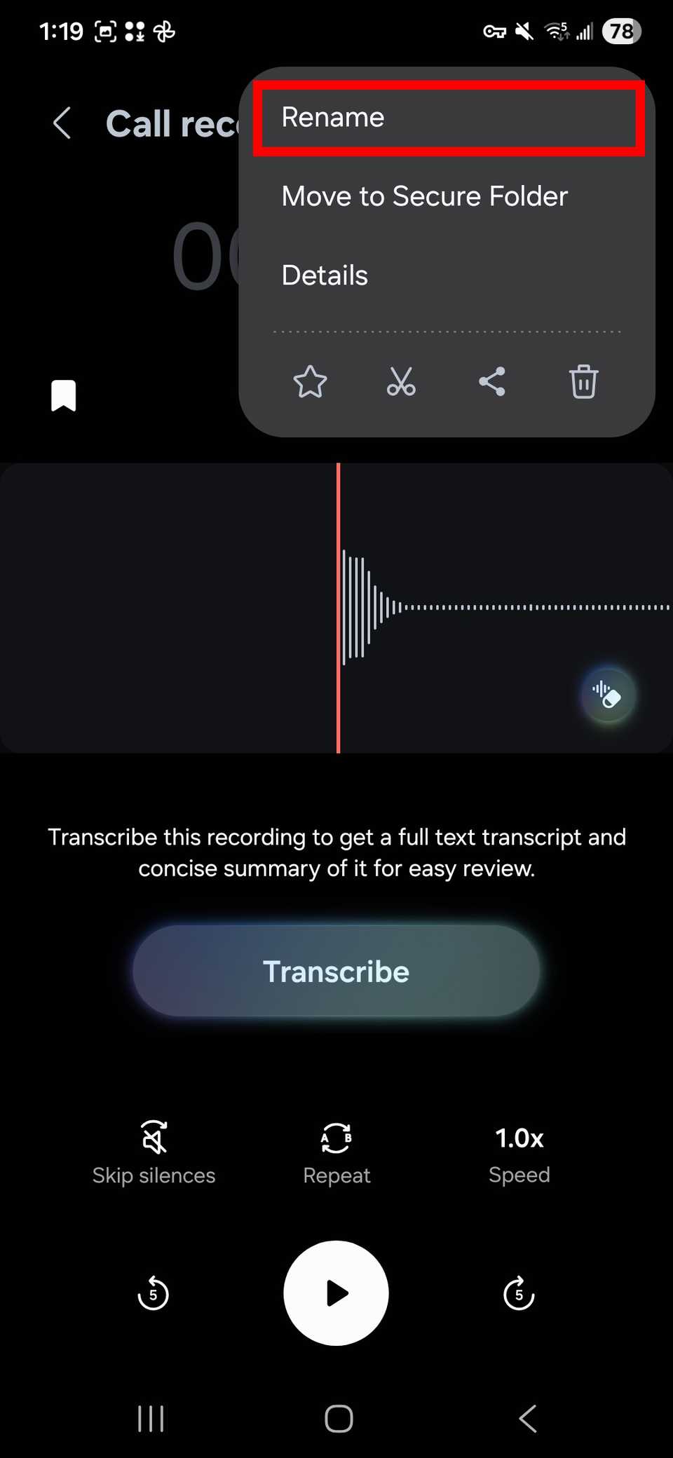 Red rectangle outline highlighting Rename option in the top right corner of a call recording while in the Voice Recorder app
