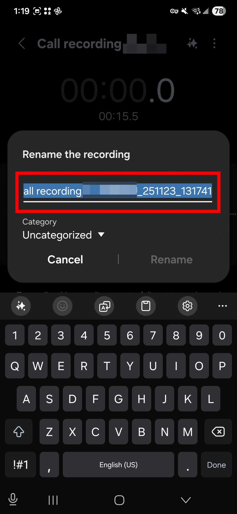 Red rectangle outline highlighting the rename field on a recording while in the Voice Recorder app