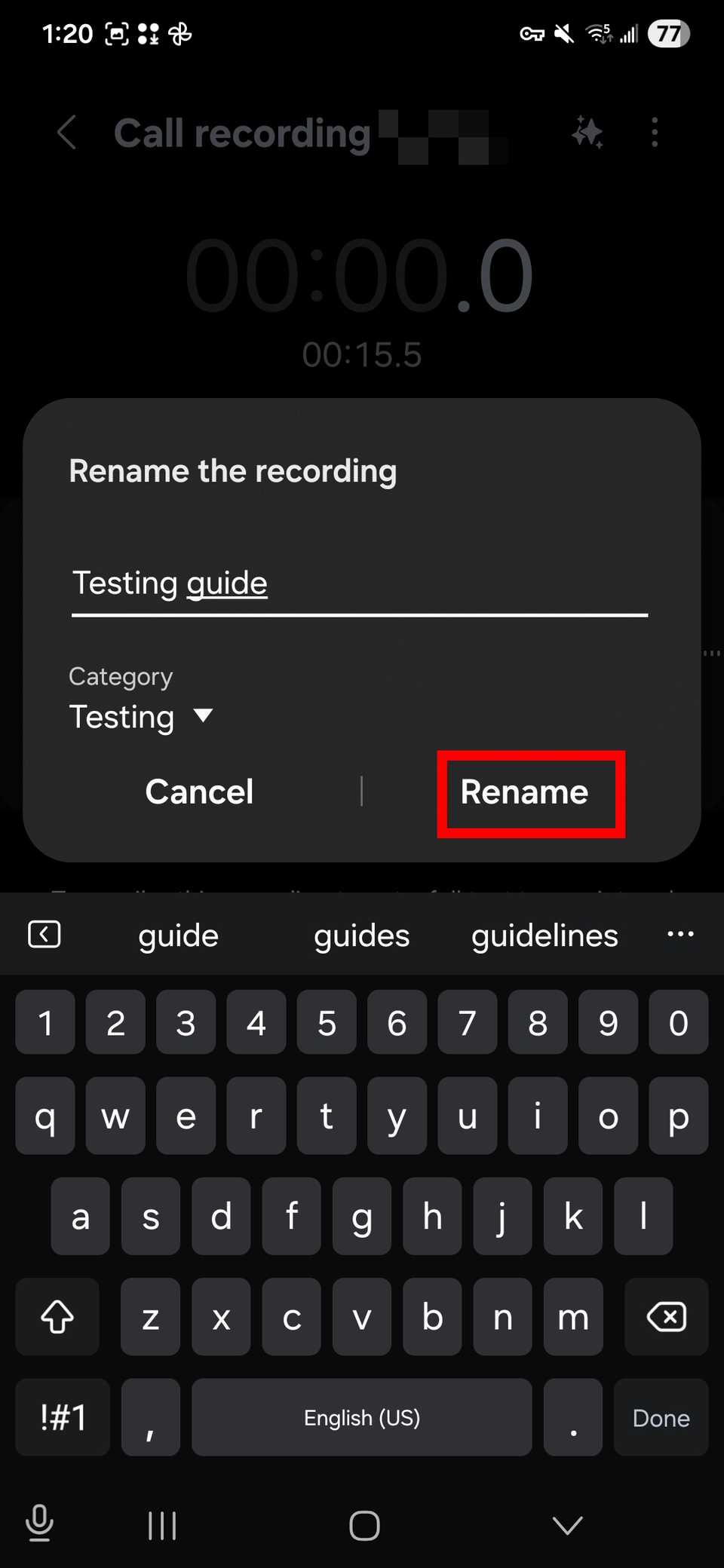 Red rectangle outline highlighting Rename to confirm a renamed recording while in the Voice Recorder app