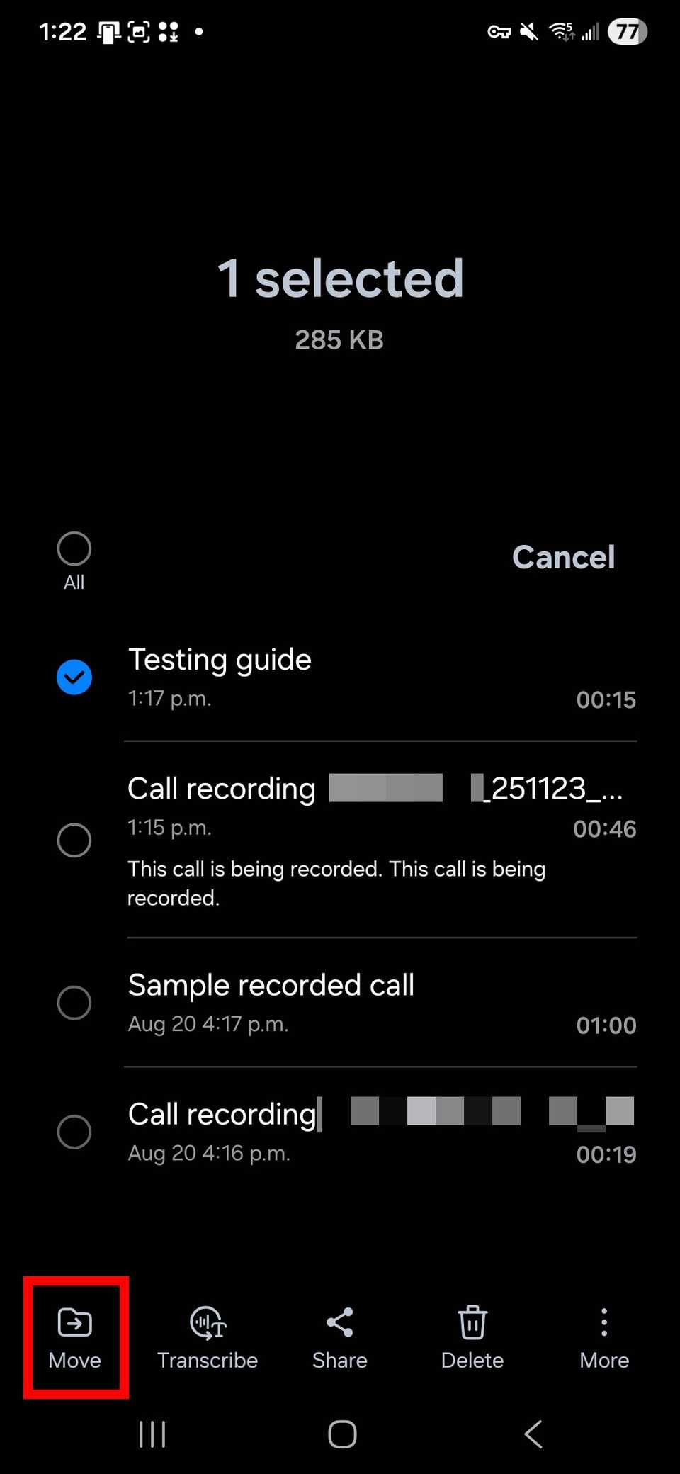 Red rectangle outline highlighting Move for a selected recording at the bottom of the Voice Recorder app