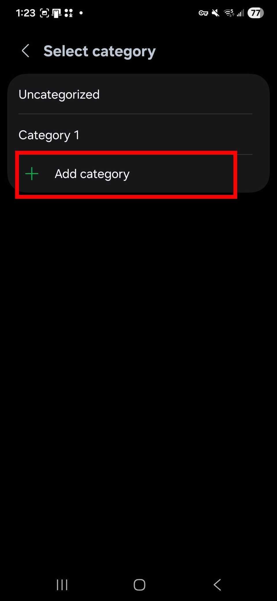 Red rectangle outline highlighting Add category option in the Voice Recorder app