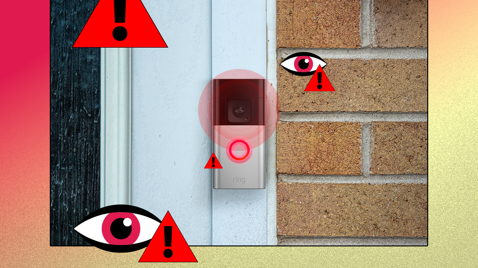 Ring doorbell camera on a house doorway surrounded by warning icons and illustrated eyes