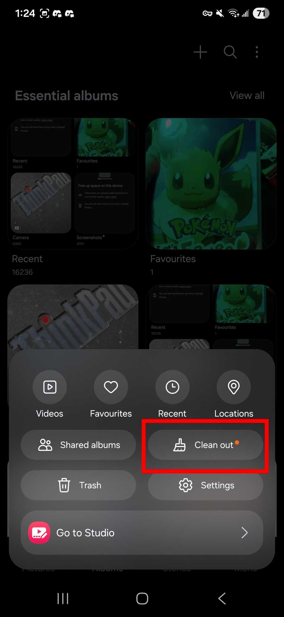Red rectangle outline highlighting Clean out option in the Samsung Gallery app menu