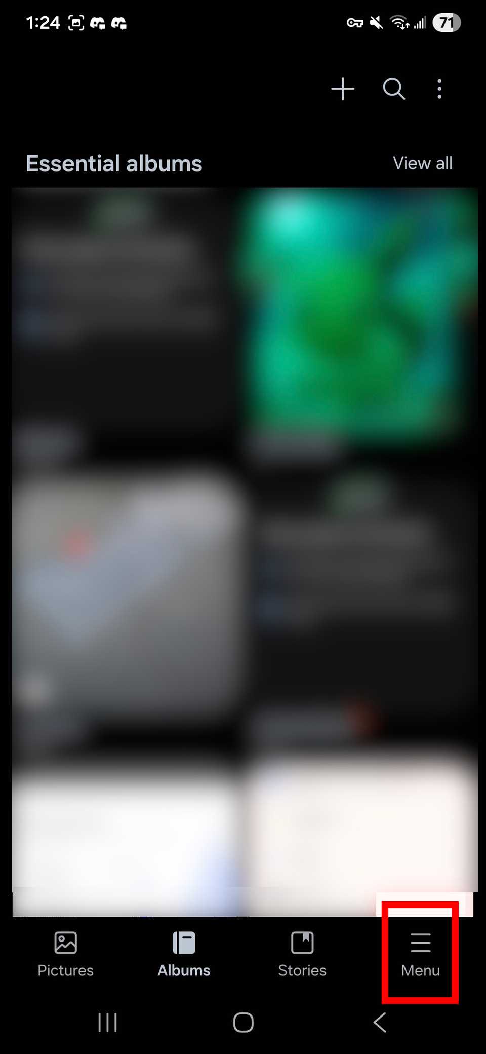 Red rectangle outline highlighting Menu at the bottom right of the Samsung Gallery app screen