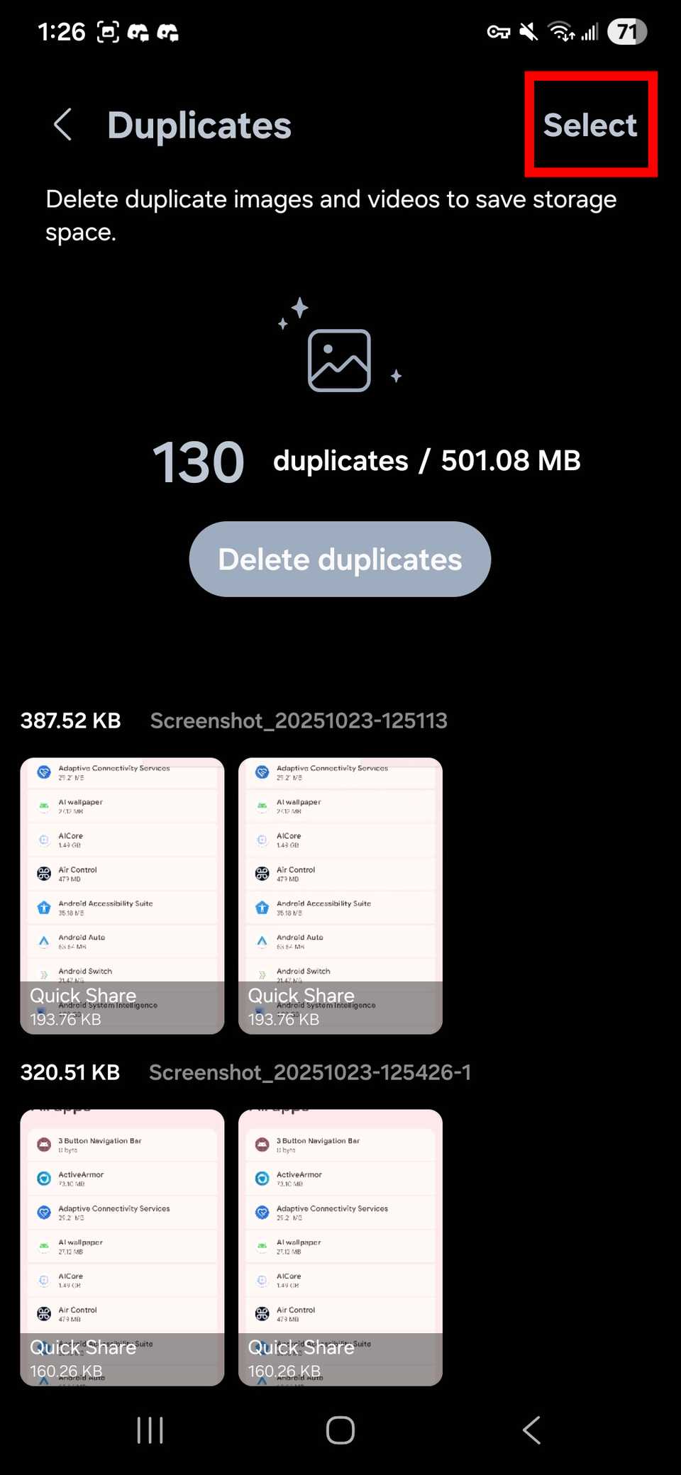 Red rectangle outline highlighting Select in the upper-right corner of the Samsung Gallery app