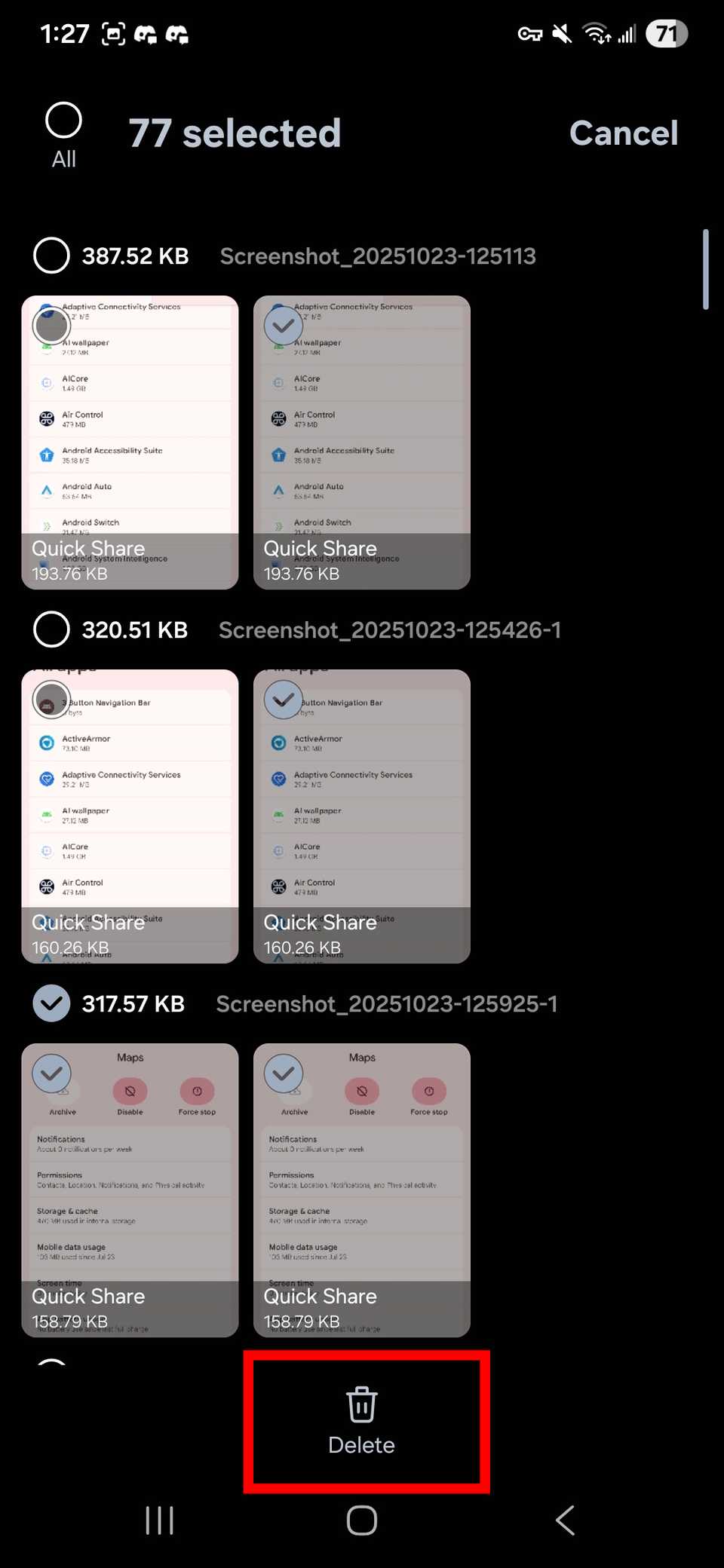 Red rectangle outline highlighting Delete button after selecting duplicated photos to delete in the Samsung Galaxy app