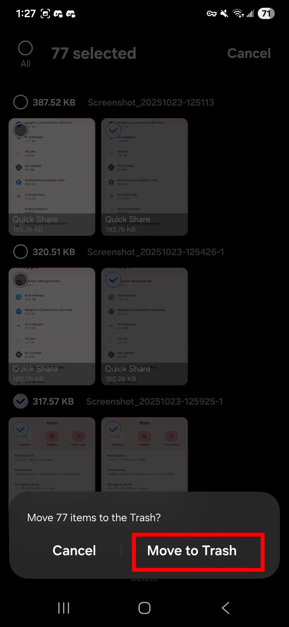 Red rectangle outline highlighting Move to Trash after selecting duplicated photos to delete in Samsung Gallery app