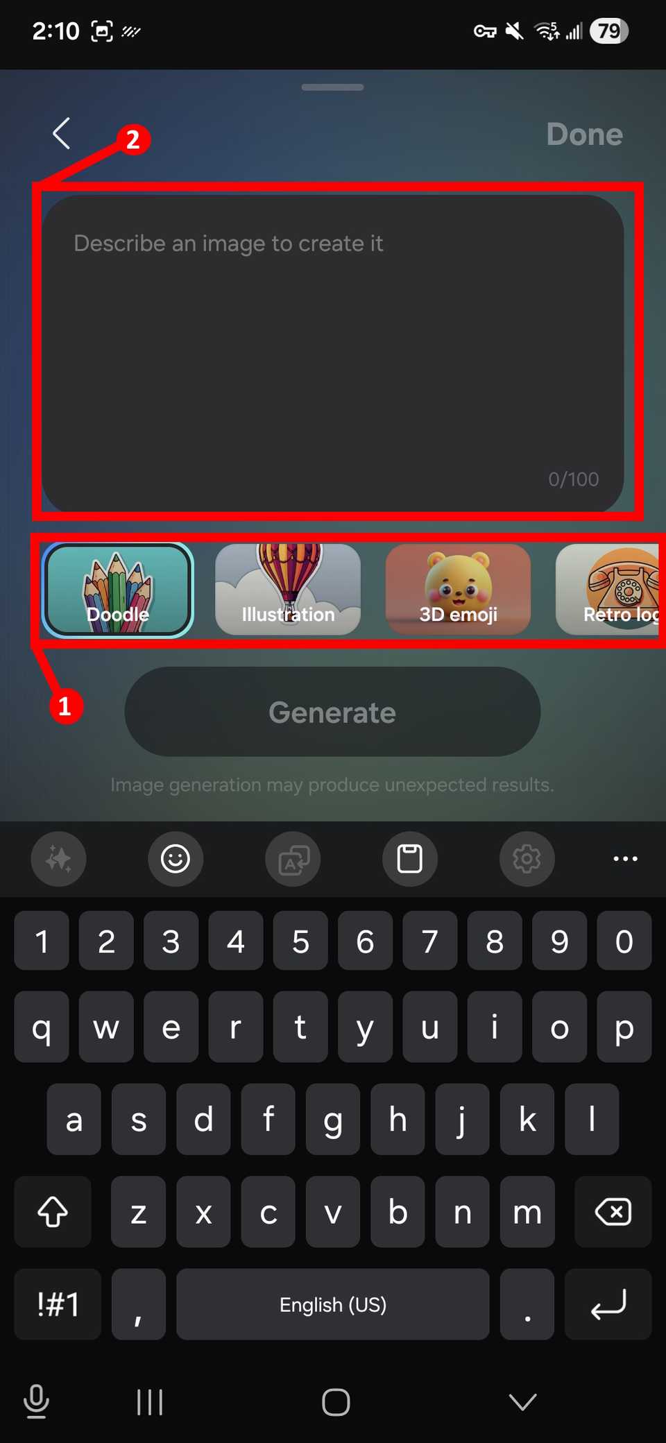 مستطيلان باللون الأحمر يسلطان الضوء على حقل مطالبة النص وخيارات نمط ملصقات AI لإنشاء ملصق AI على لوحة مفاتيح Samsung