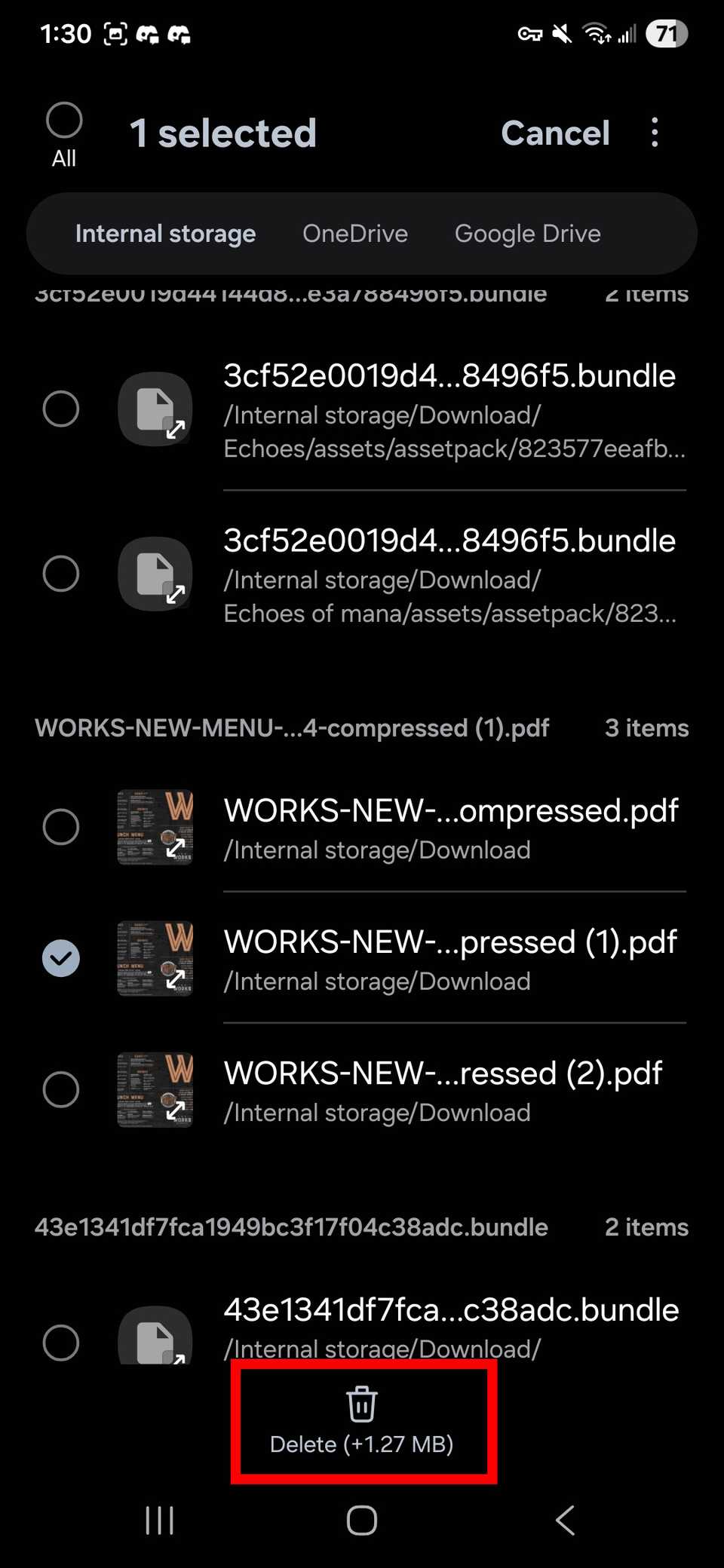 Red rectangle outline highlighting Delete button after selecting duplicates in Samsung My Files app