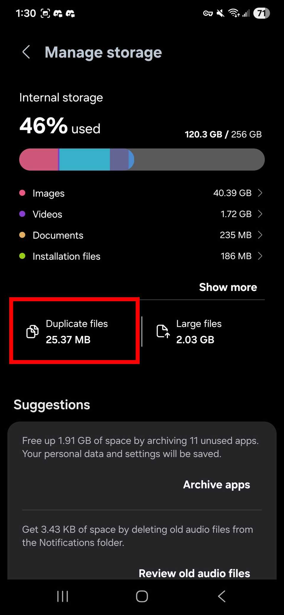 Red rectangle outline highlighting Duplicate files in Manage storage in Samsung My Files app