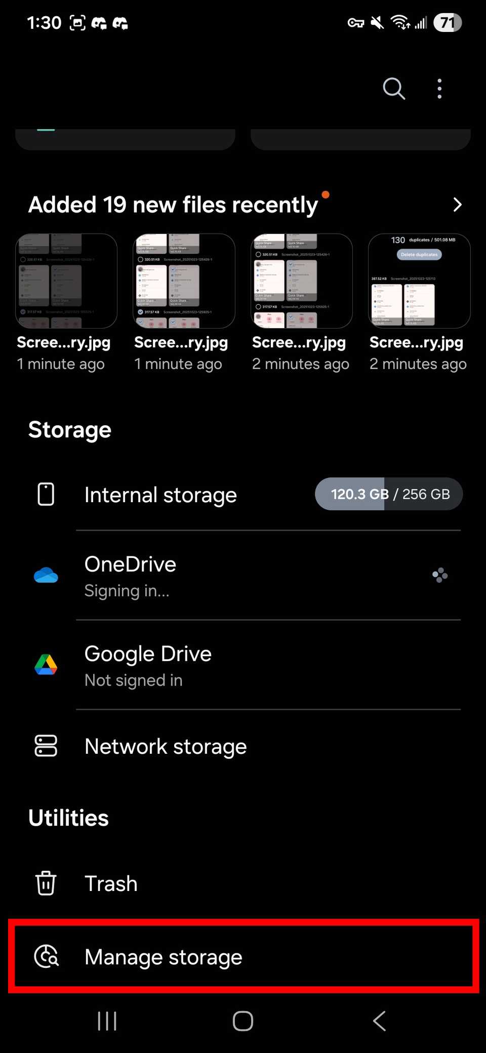 Red rectangle outline highlighting Manage storage in Utilities in Samsung My Files app
