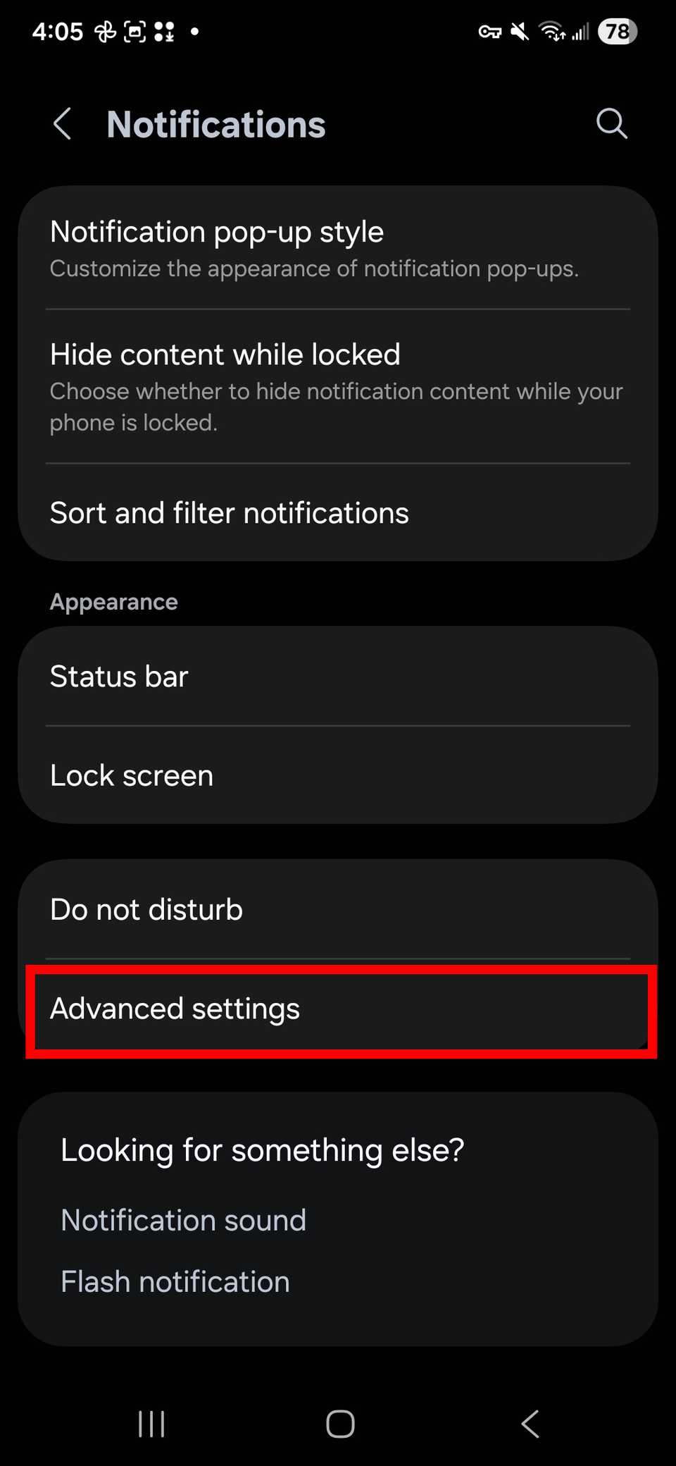 Red rectangle outline highlighting Advanced settings in Notifications settings on One UI 8