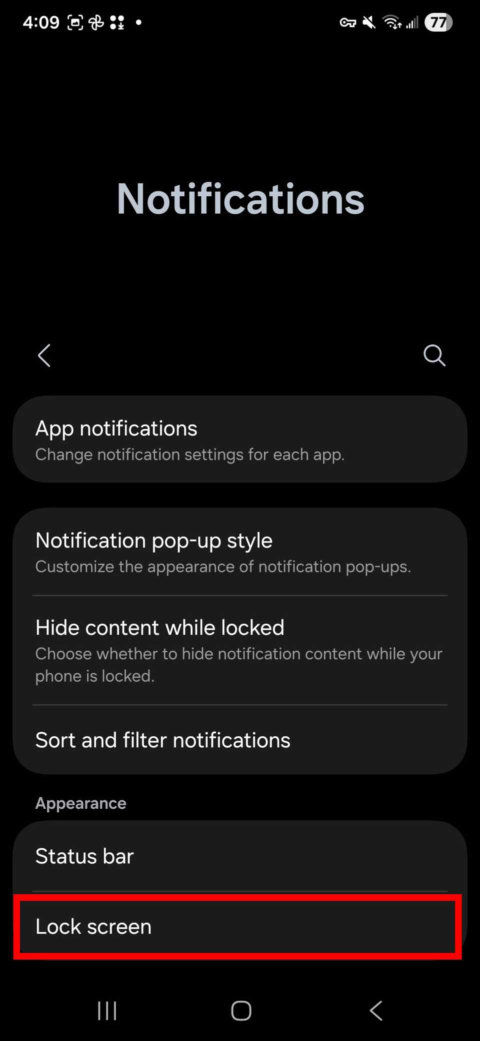 Red rectangle outline highlighting Lock screen in Notifications on One UI 8