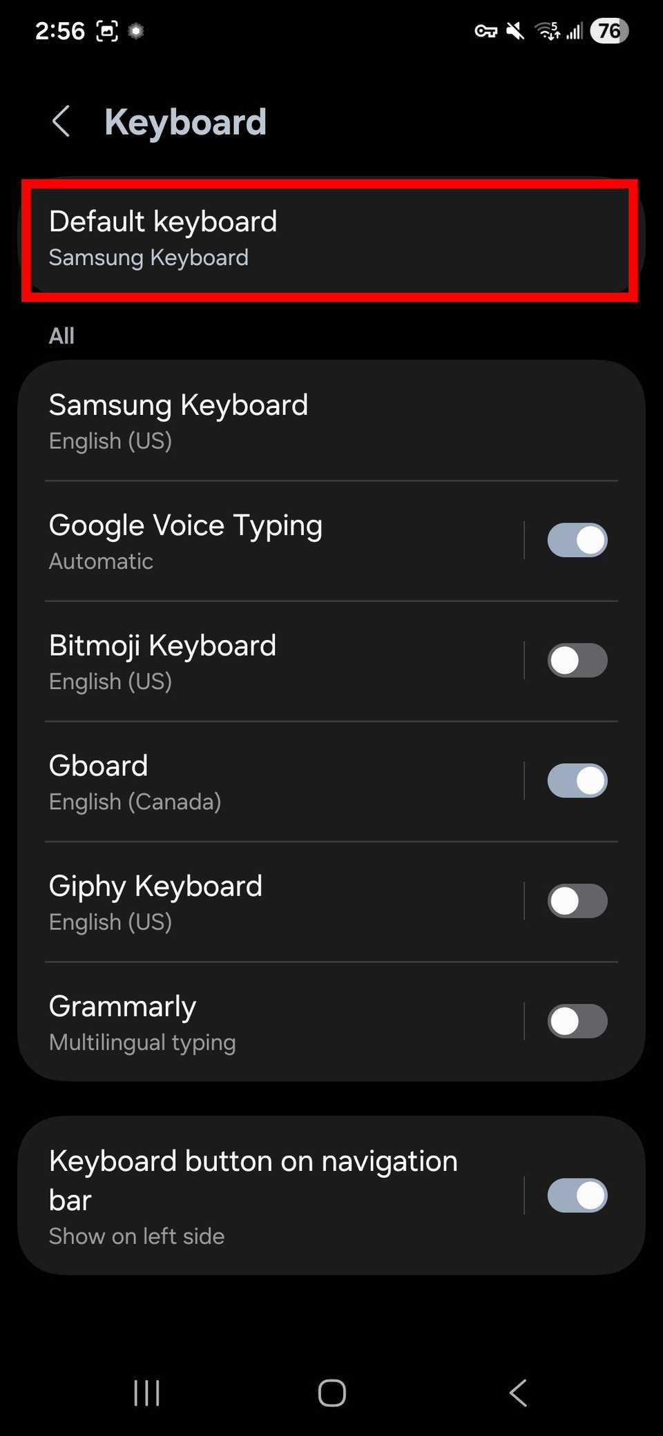 كيفية إنشاء وإرسال ملصقات AI باستخدام لوحة مفاتيح Samsung 2 مخطط مستطيل أحمر يبرز لوحة المفاتيح الافتراضية في إعدادات لوحة المفاتيح