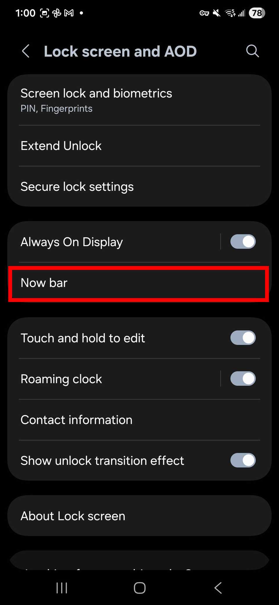 Red rectangle outline highlighting Now bar in Lock screen and AOD in Samsung settings on One UI 8