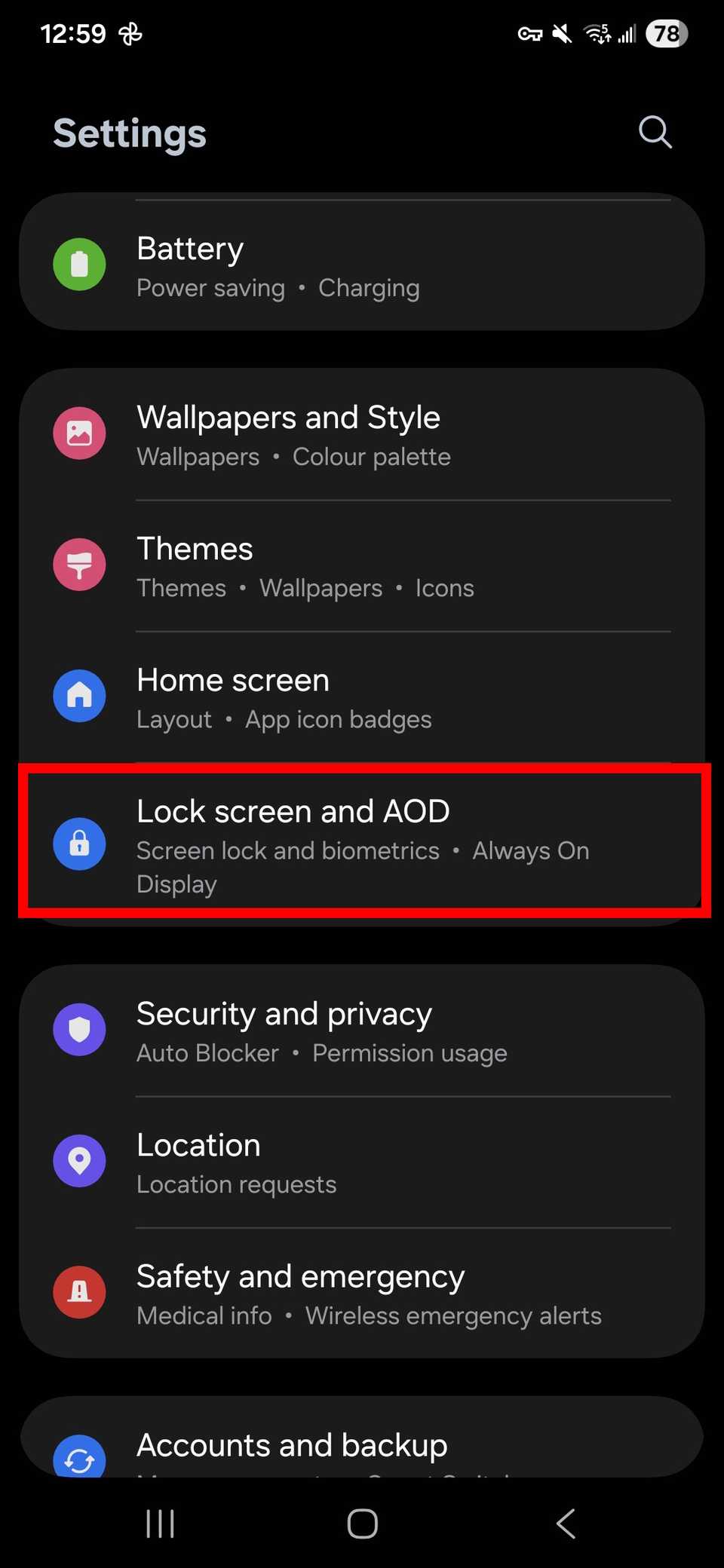 Red rectangle outline highlighting Lock screen and AOD in Samsung settings on One UI 8
