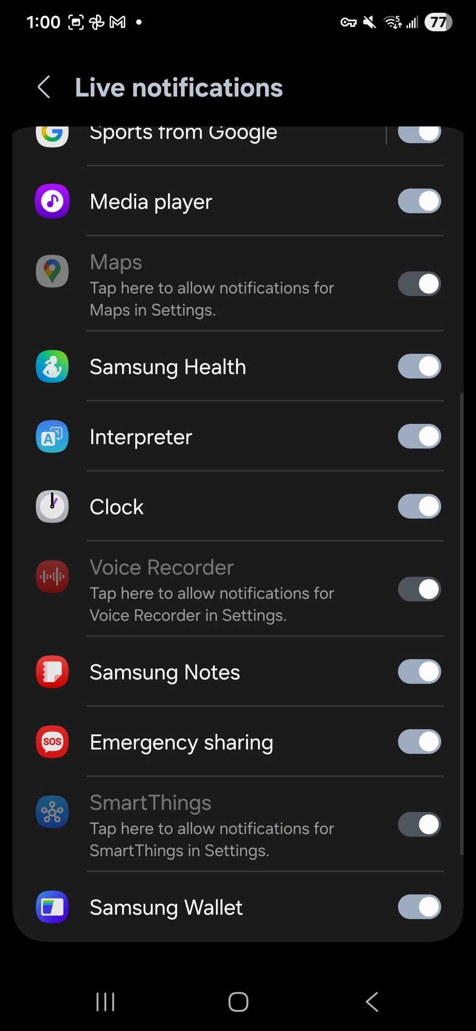 A list of toggles for Live notifications supported apps in Now bar settings on One UI 8