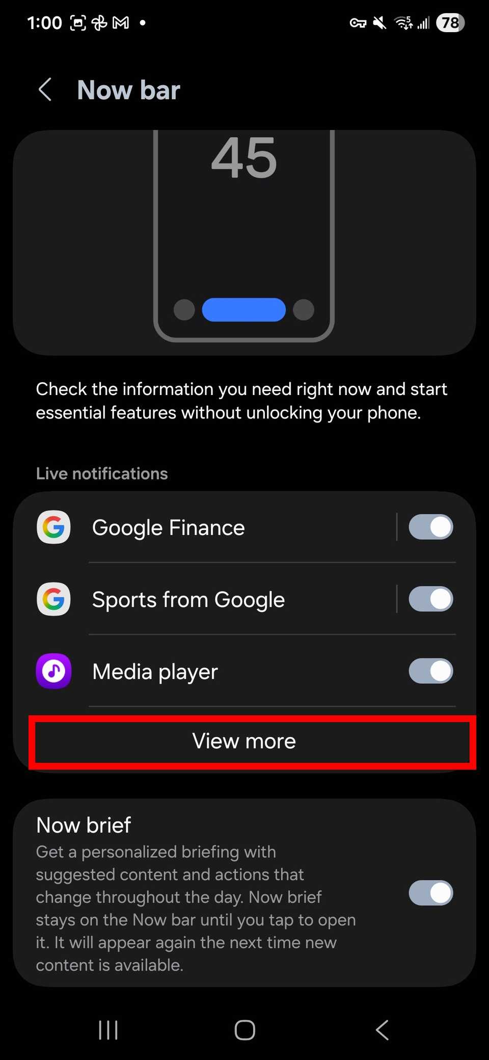 Red rectangle outline highlighting View more under Live notifications in Now bar settings on One UI 8