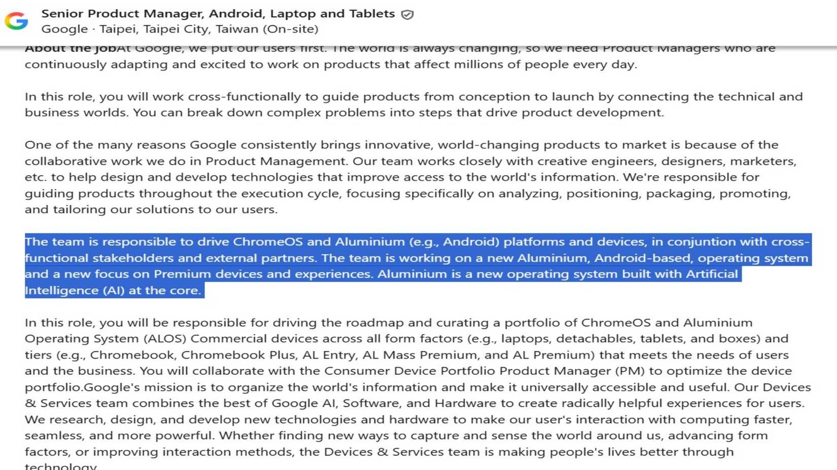 Captura de tela mostrando o anúncio de emprego do Google para Android no desktop