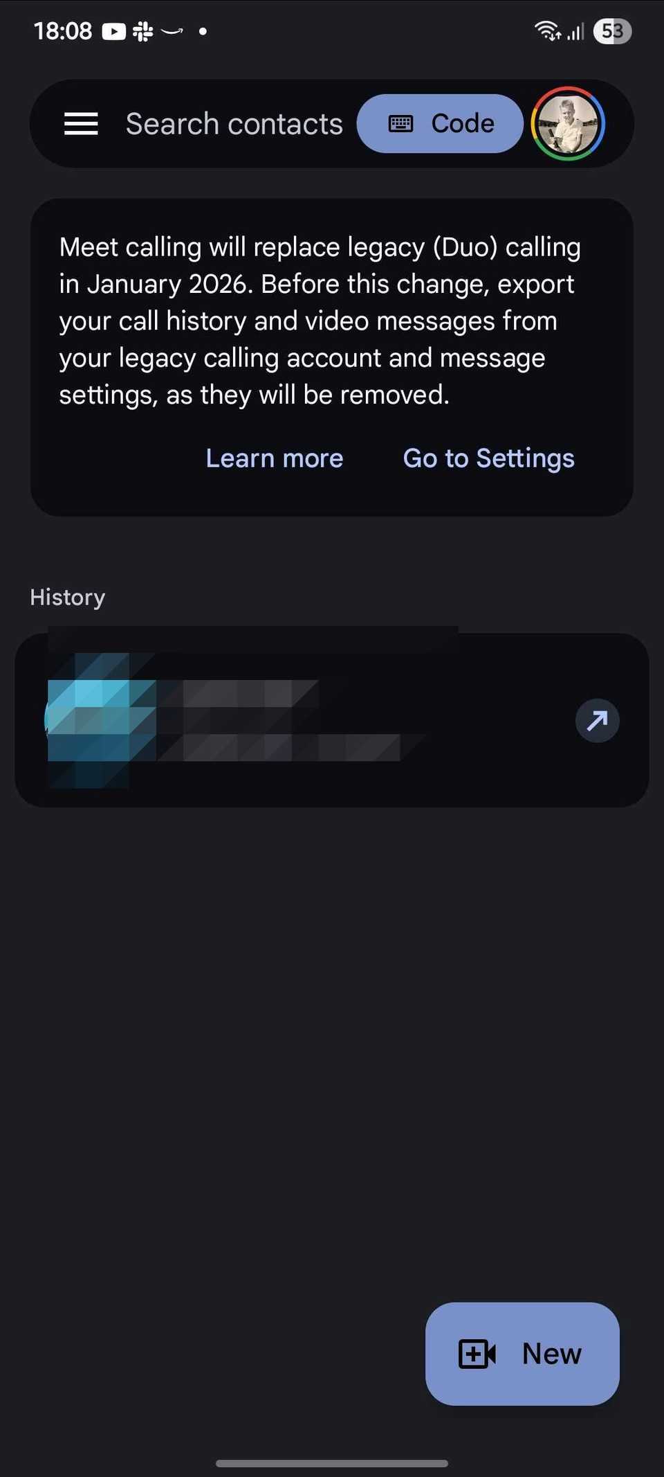 Captura de tela mostrando quando o Meet Calling substituirá o Duo Calling no app Google Meet