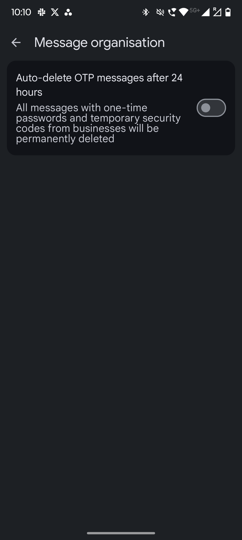 Στιγμιότυπο οθόνης που δείχνει την εναλλαγή αυτόματης διαγραφής OTP στο Google Messages