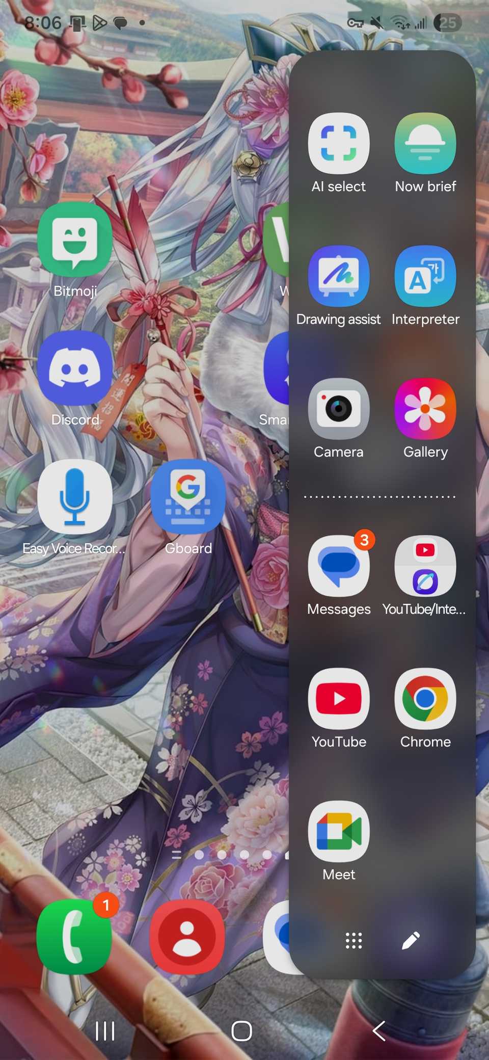 One UI 8 edge panel showing the AI select tool at the top right while on the home screen