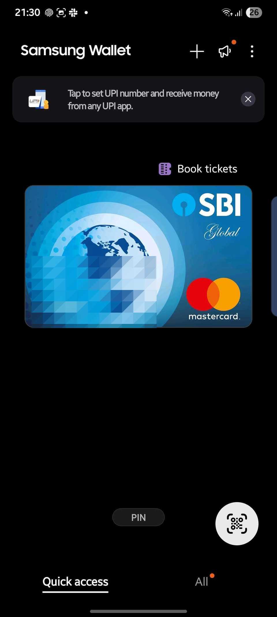 Screenshot che mostra la pagina di accesso rapido di Samsung Wallet