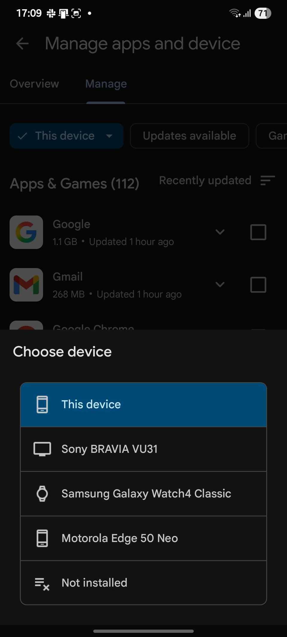 Screenshot showing device filter on Google Play Store