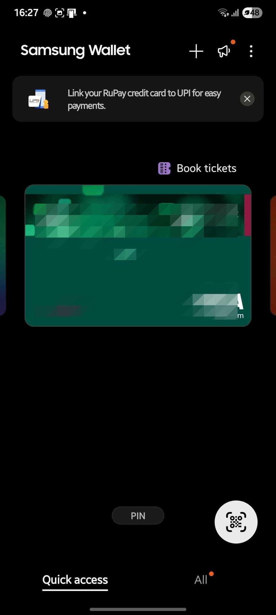 Schermata che mostra la pagina di accesso rapido su Samsung Wallet