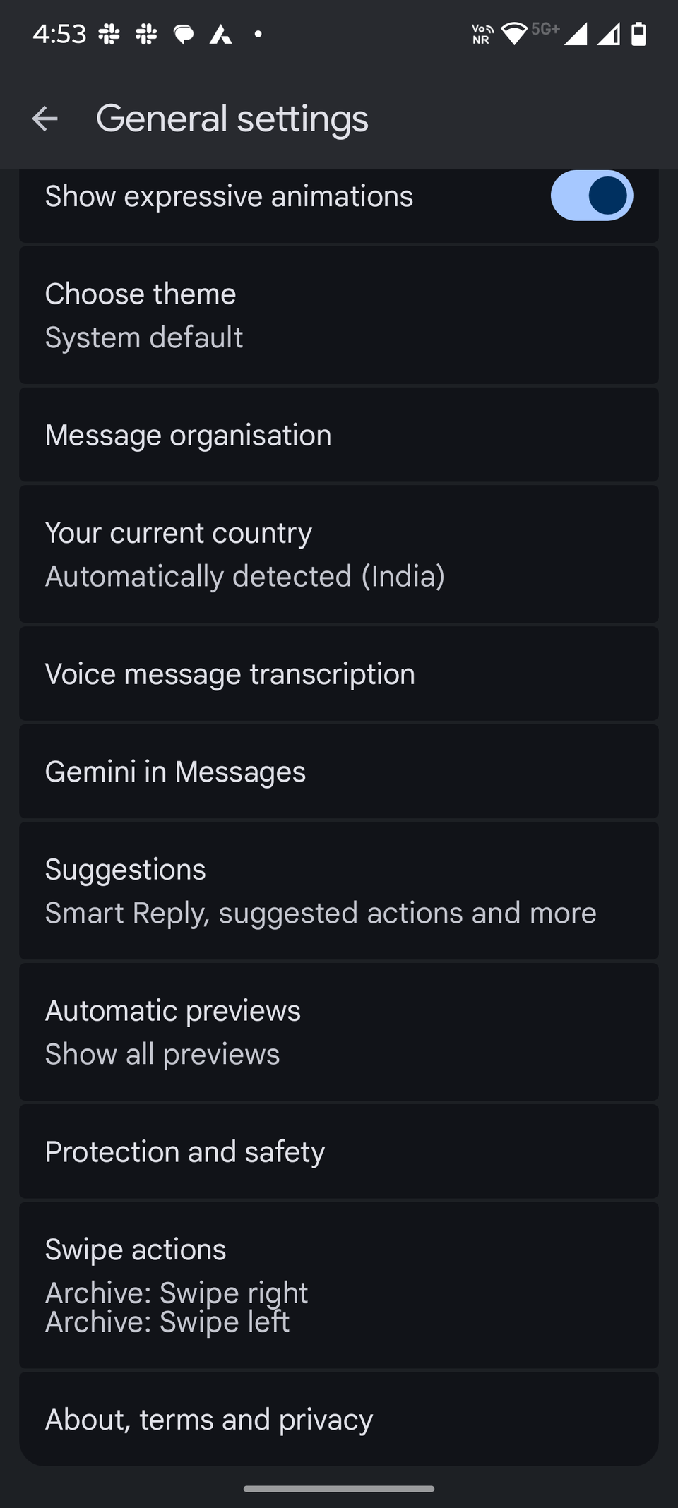 Στιγμιότυπο οθόνης που δείχνει τη σελίδα ρυθμίσεων του Google Messages