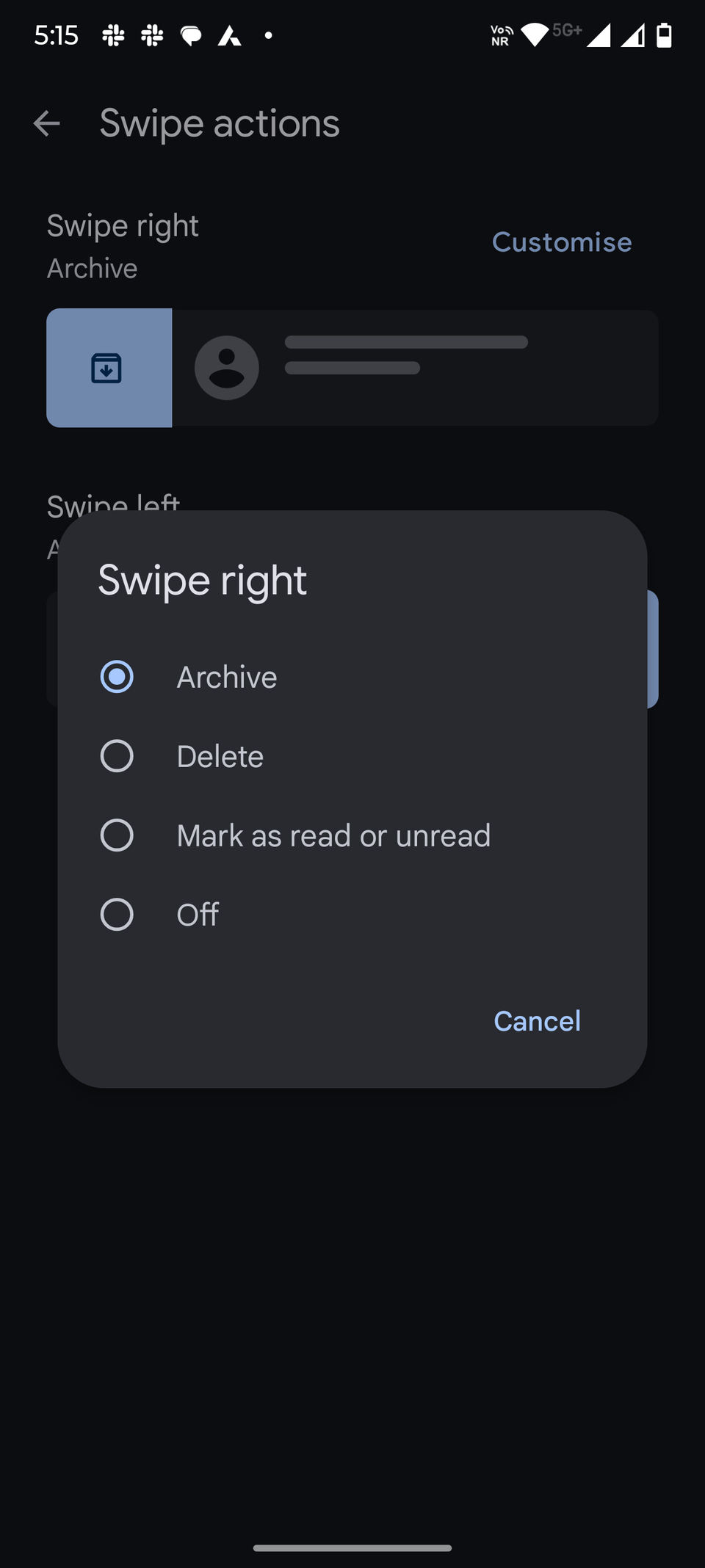Screenshot showing how to customize swipe action on Google Messages
