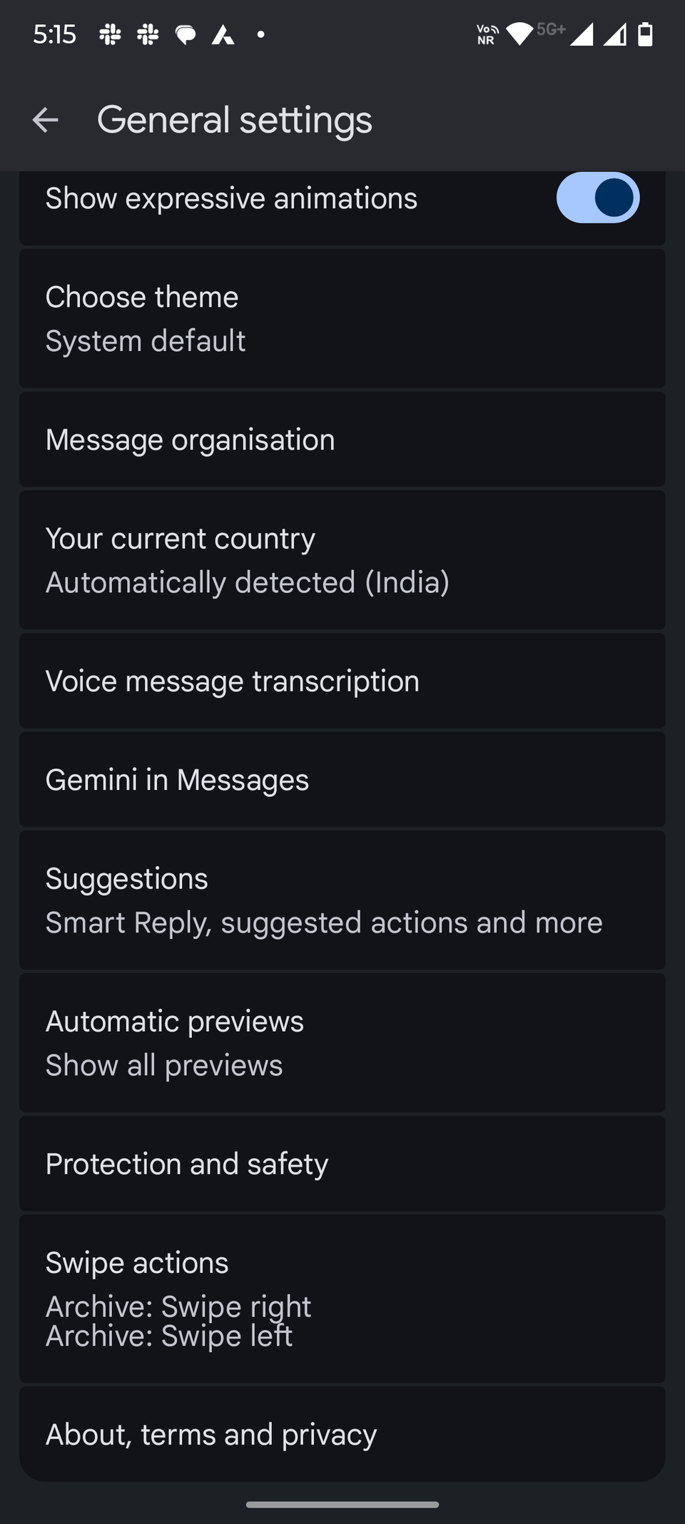 Screenshot showing Google Messages settings