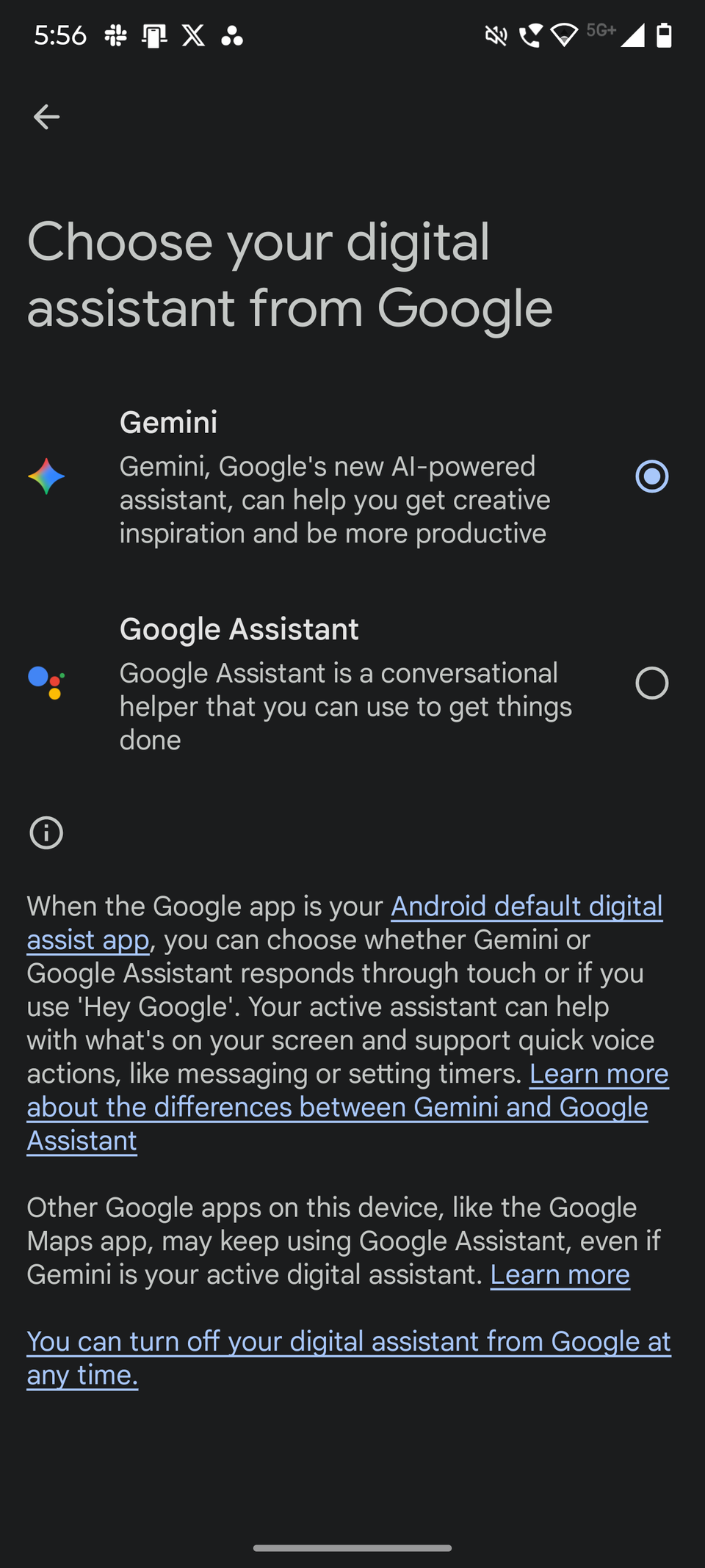 Screenshot showing the option to choose between Google Assistant and Gemini