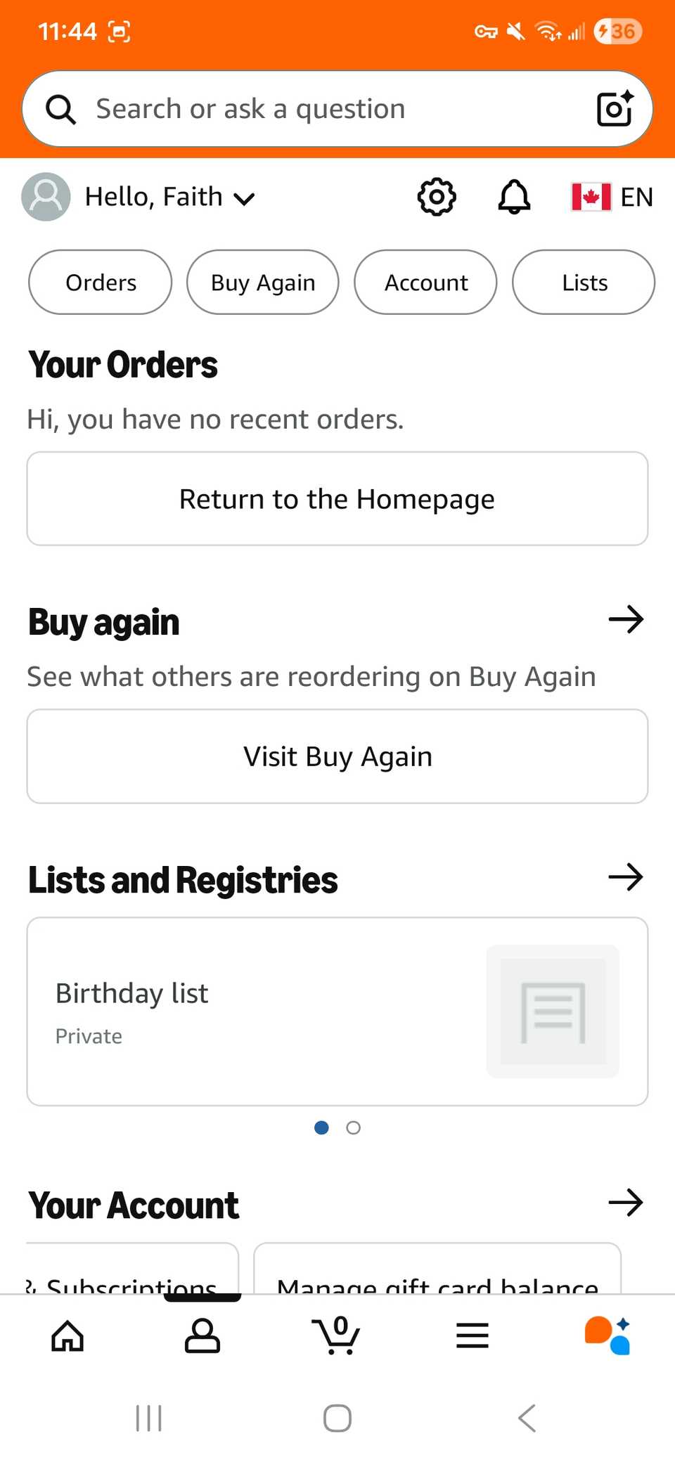 Mostra Account nella parte superiore dello schermo accanto a Acquista di nuovo ed Elenchi nell'app Amazon Shopping