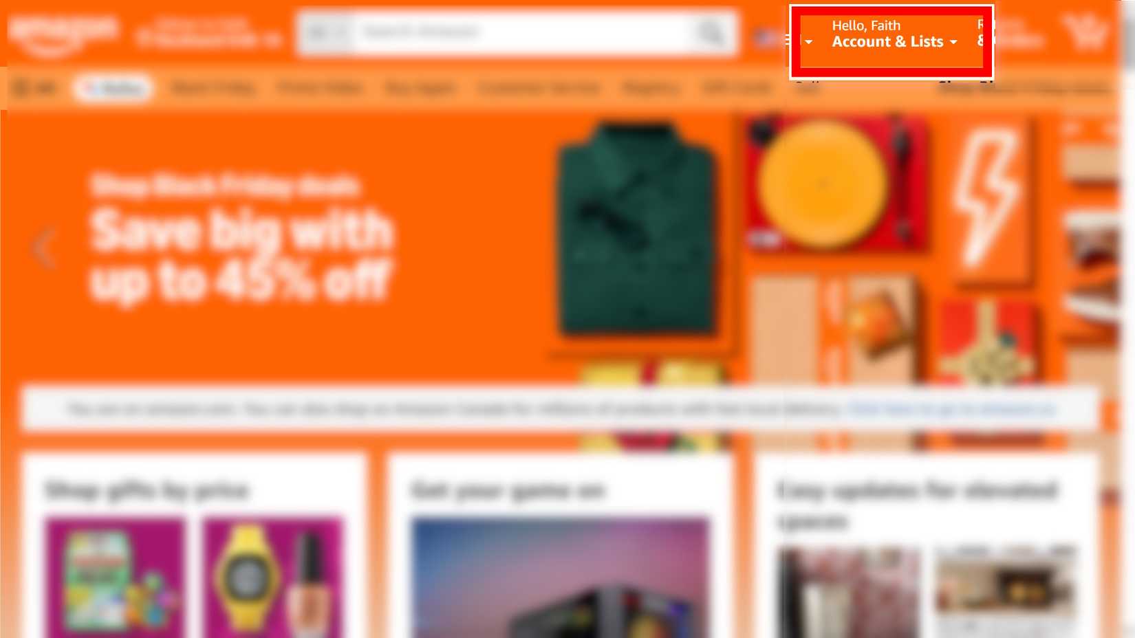 Red rectangle outline highlighting Accounts & Lists on Amazon website