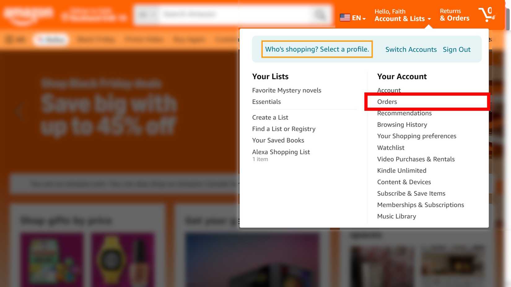 Red rectangle outline highlighting Orders under Accounts & Lists on Amazon website
