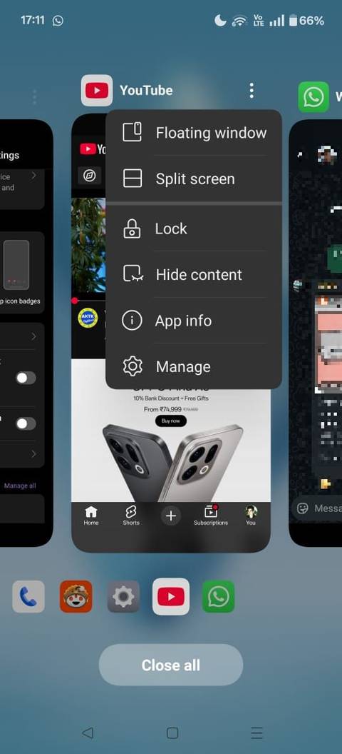 Screenshot showing the app options in the Recent apps screen