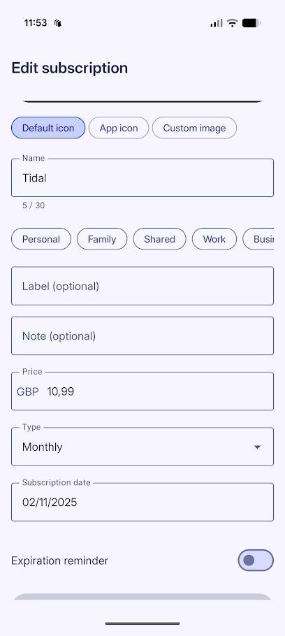 modulo dettagli abbonamento nell'app sottotraccia
