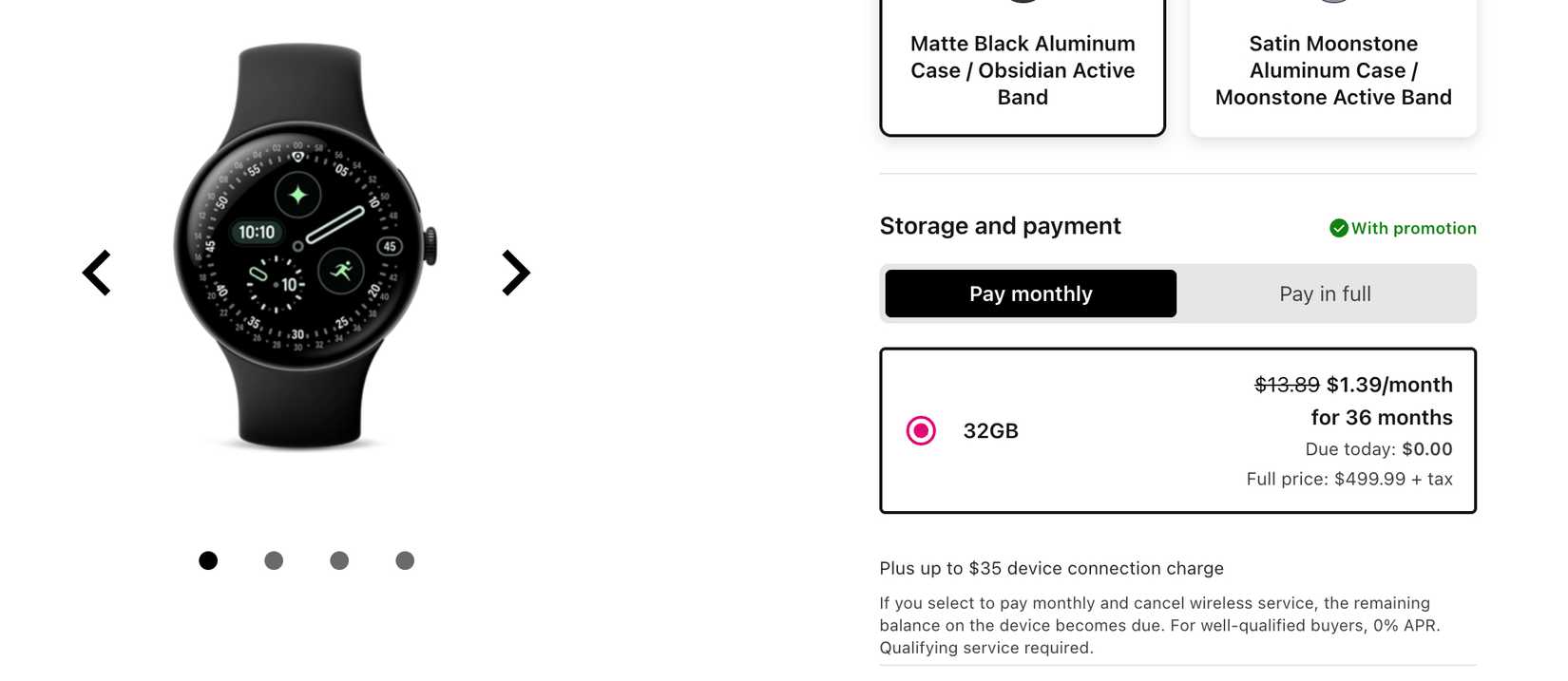 Un'immagine che evidenzia l'opzione di finanziamento di 36 mesi di Pixel Watch 3 presso T-Mobile.