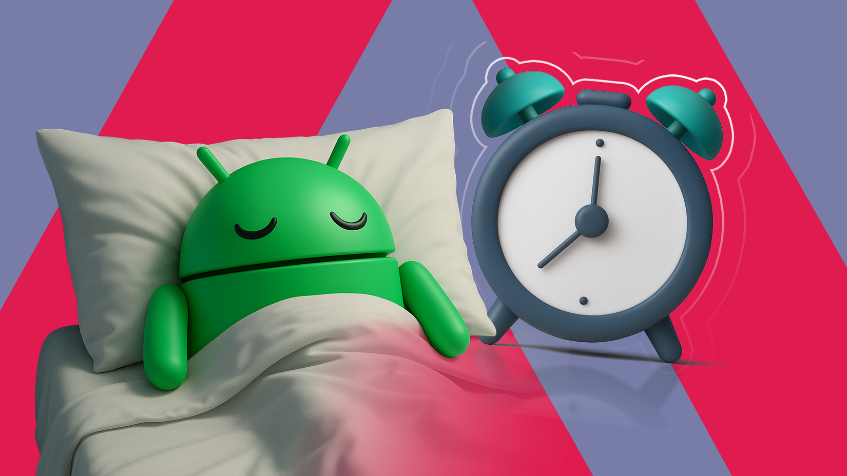 O mascote do Android dormindo em uma cama com um grande despertador tocando ao lado dele.