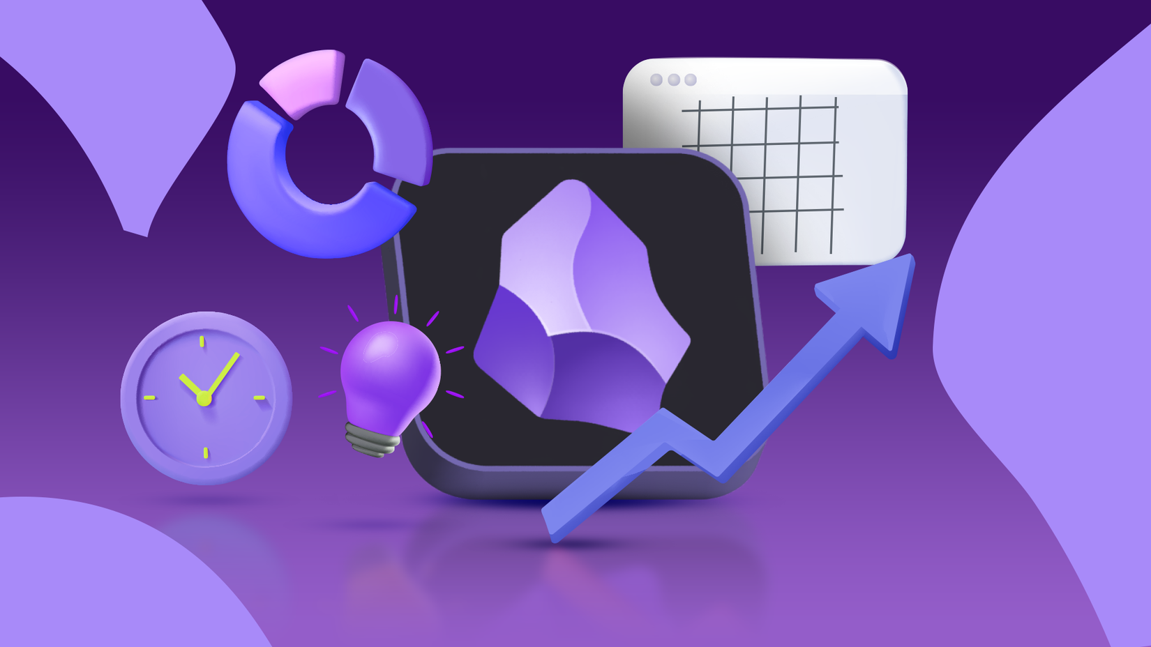 The Obsidian logo surrounded by productivity icons, including a clock, a chart, a pie graph, a lightbulb, and an upward arrow, all set against a purple background