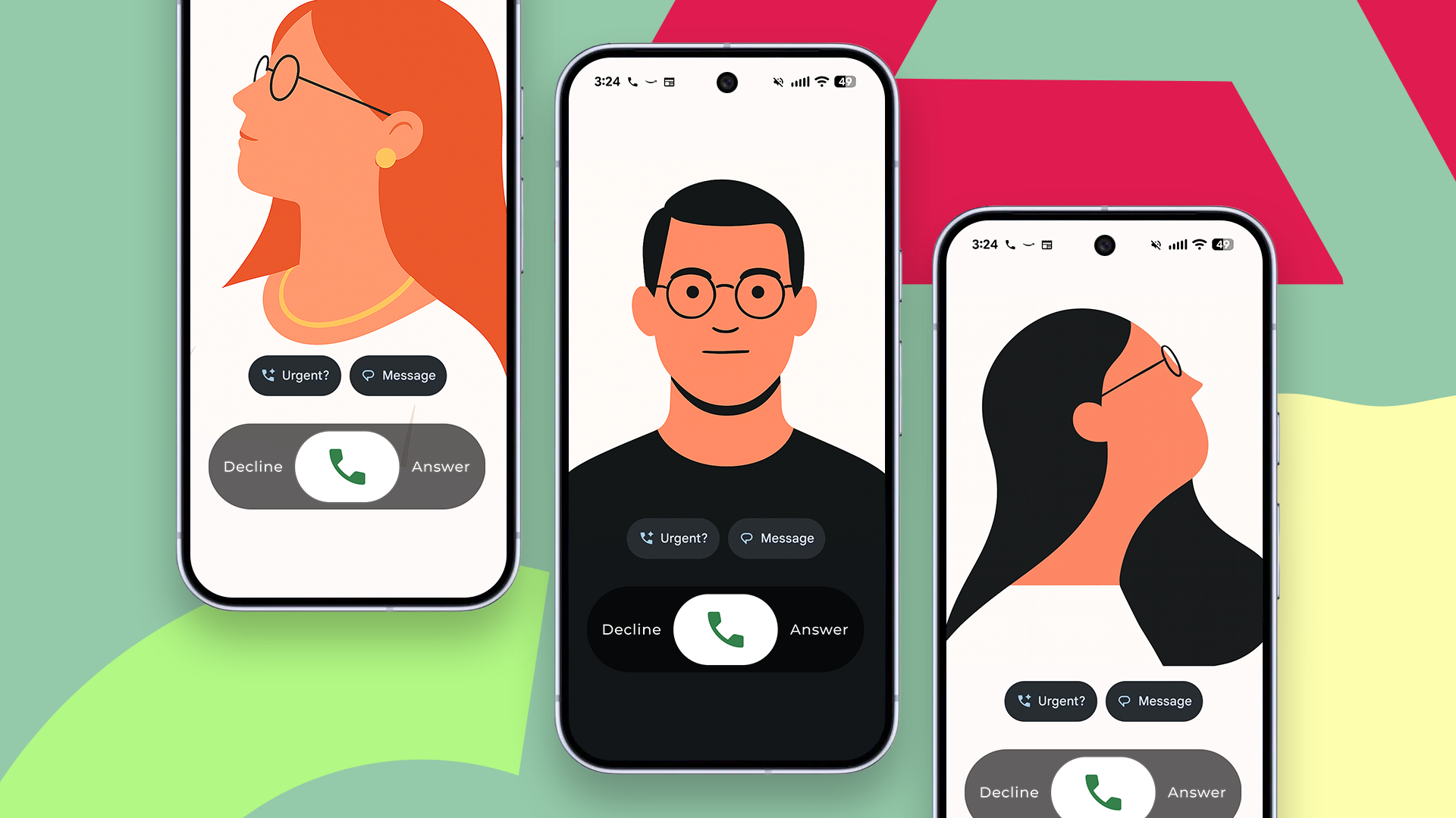 Three smartphones displaying customized calling card screens.