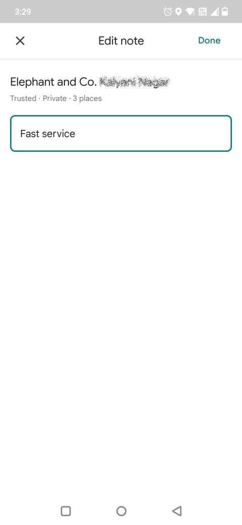 Στιγμιότυπο οθόνης που δείχνει πώς να προσθέσετε μια σημείωση σε μια λίστα στους Χάρτες Google