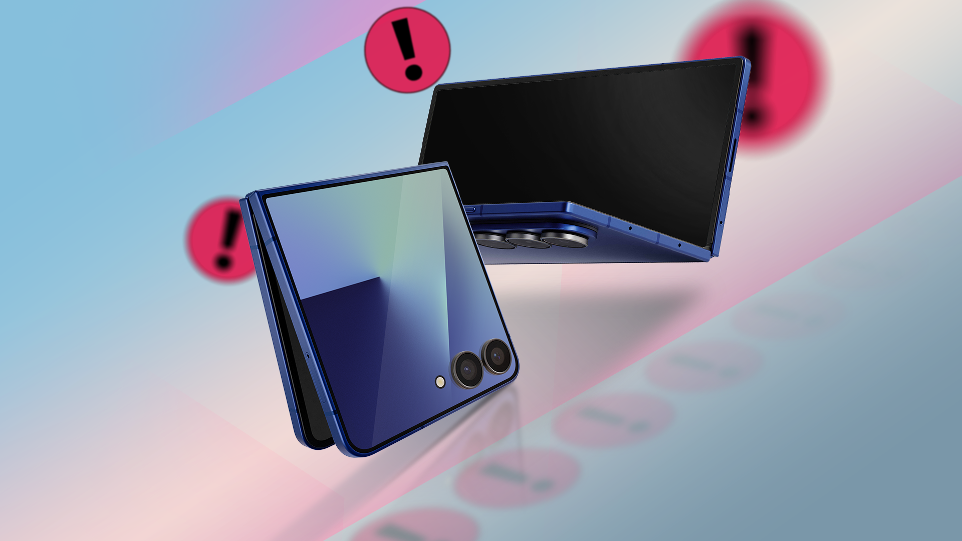Due smartphone pieghevoli con icone di avviso rosse intorno.