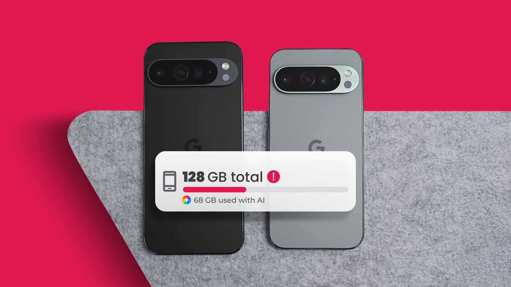Due telefoni Google Pixel mostrati dal retro con una scheda di avviso relativa allo spazio di archiviazione visualizzata davanti.