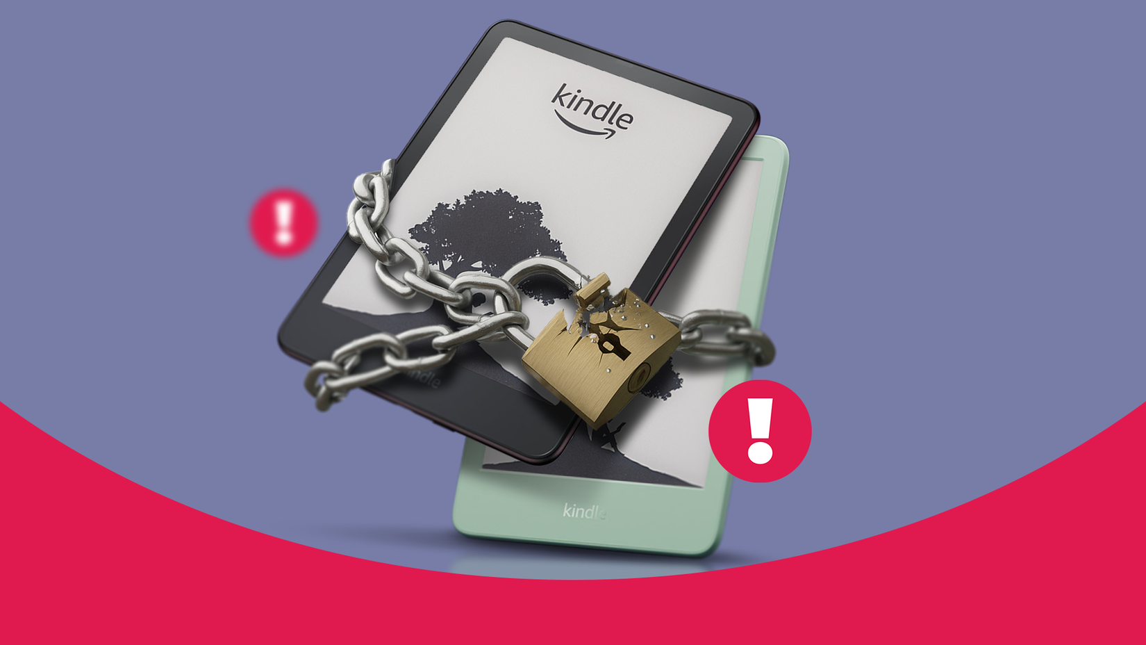 Dois leitores eletrônicos Kindle presos por correntes de metal e um cadeado quebrado, com ícones de alerta vermelhos ao fundo.