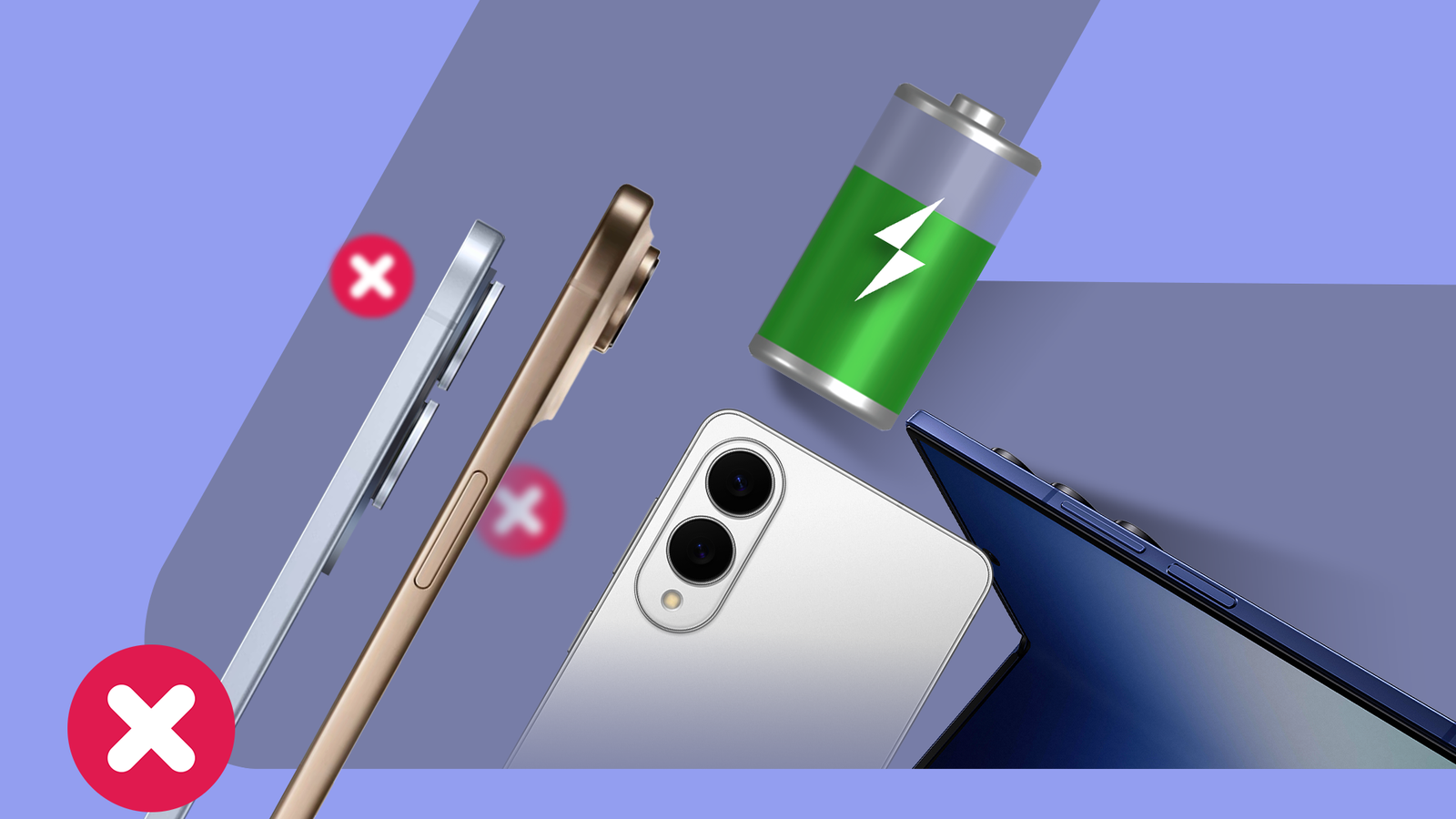 Two thin smartphones marked with red X symbols, shown alongside a large green battery icon, a foldable phone, and a close-up phone camera module.
