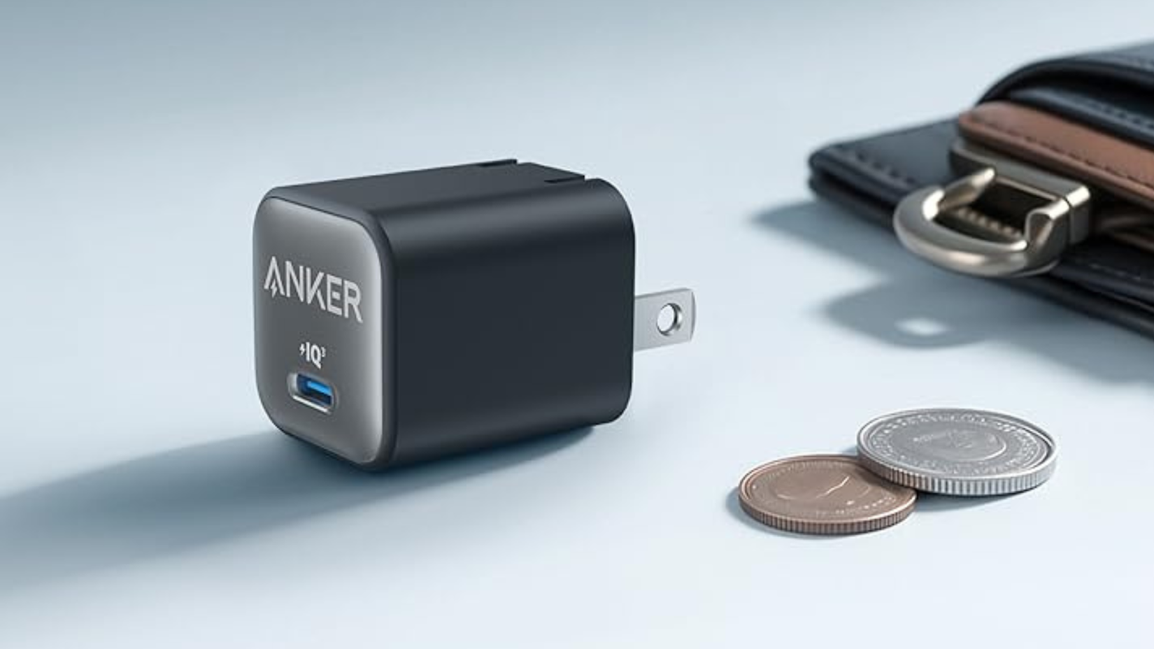 Carregador Anker Nano ao lado de carteira e moedas