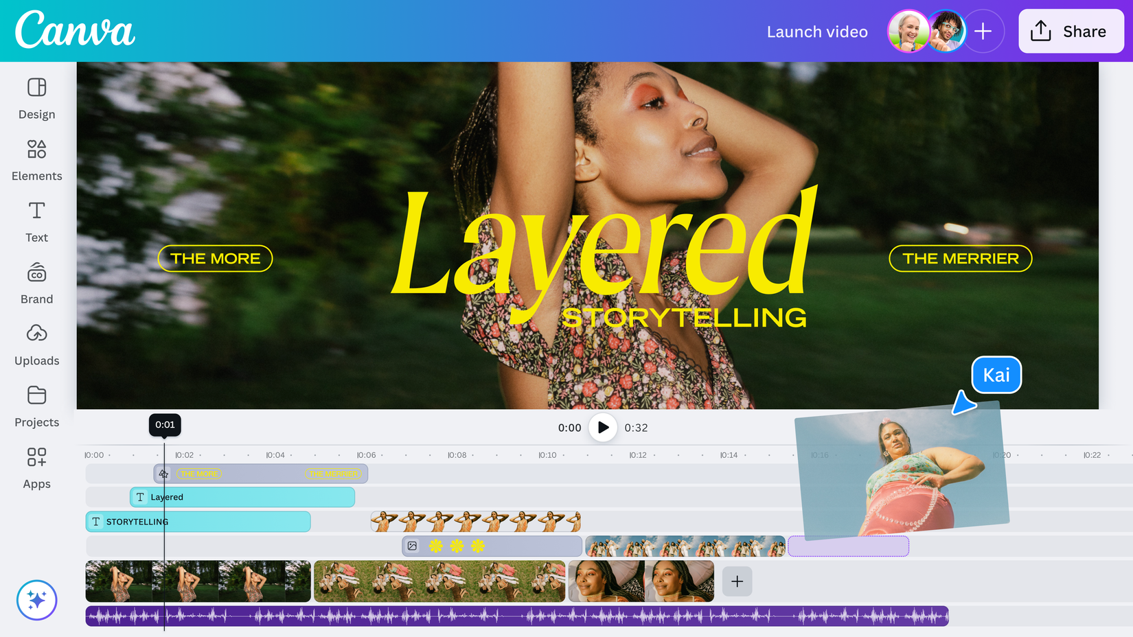 A Canva video-editing screen showing a woman posing outdoors with bold yellow text that reads “Layered Storytelling,” plus a small tilted photo of another woman on the timeline